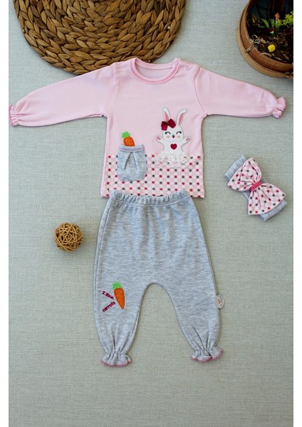 Miraylife 3-6 9-12 12-18 Ay Havuç Tavşan Nakışlı Bandanalı Cepli Uzun Kollu Sweatli 3lü Kız Bebek Tak