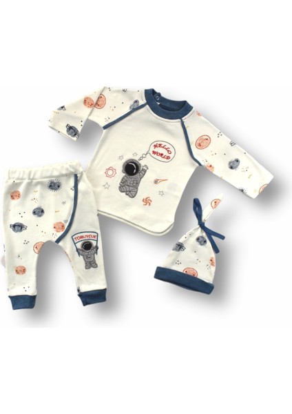 Miraylife 3-6 6-9 9-12 Ay Şirin Kozmonot Nakışlı Şapkalı Uzun Kollu Sweatli 3lü Kız-Erkek Bebek Takımı