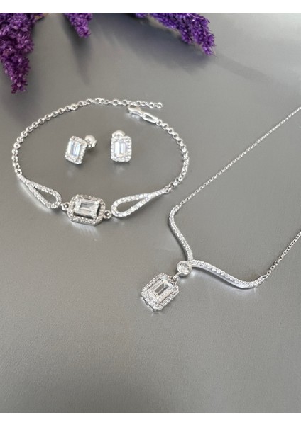 Baget Taşlı Üçlü Set (Kolye-Küpe-Bileklik) modelleri