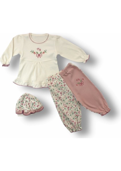 Miraylife 3-6 6-9 9-12 Ay Tb Çiçek Nakışlı Şapkalı Uzun Kollu Sweatli 3lü Kız Bebek Takımı