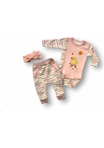 Miraylife 3-6 6-9 9-12 Ay Süslü Ördek Nakışlı Şapkalı Uzun Kollu Zıbınlı 3lü Kız Bebek Takımı