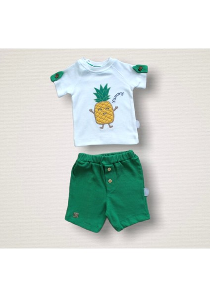 Miraylife 6-9 9-12 12-18 Ay Ananas Nakışlı Kısa Kollu Sweatli Şortlu 2li Kız-Erkek Bebek Takımı