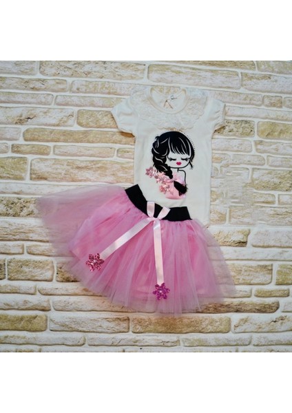 Miraylife 9-12-18 Ay Saçı Örgülü Kız Nakışlı Kurdelalı Kısa Kollu Tütü Etek 2li Kız Bebek Takımı