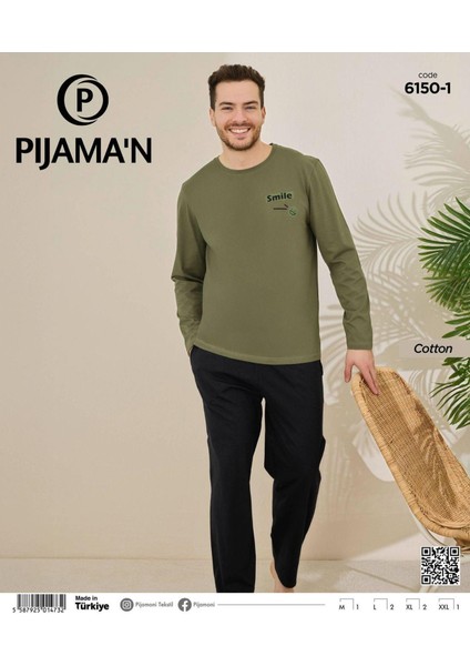 Erkek Pamuklu Bisiklet Yaka Uzun Kol Ince Pijama Takımı 6150/1 - 1 Adet