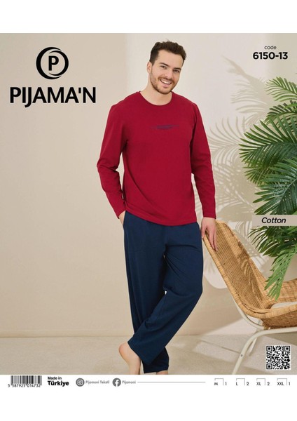 Erkek Pamuklu Bisiklet Yaka Uzun Kol Ince Pijama Takımı 6150/13 - 1 Adet