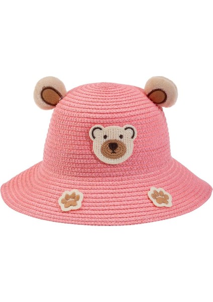 Ayı Kulaklı Hasır Kız Şapka 1-3 Yaş Nar Çiçeği