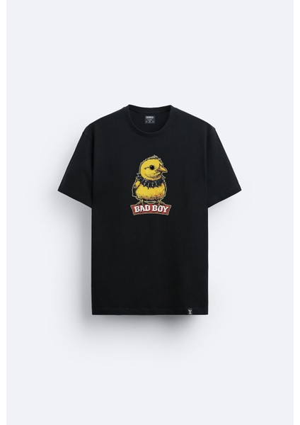 Bad Boy Civciv Baskılı Bisiklet Yaka Normal Kalıp Siyah Tişört T-Shirt