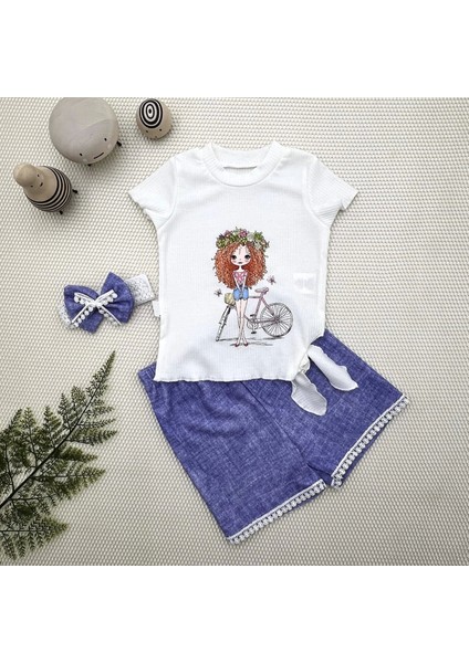 Miraylife 1-2-3 Yaş Bisikletli Kız Baskılı Bandanalı Kot Desenli Şort Kısa Kollu Tişört 3lü Kız Bebek Takımı