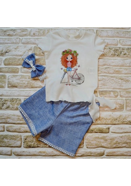 Miraylife 1-2-3 Yaş Bisikletli Kız Baskılı Bandanalı Kot Desenli Şort Kısa Kollu Tişört 3lü Kız Bebek Takımı