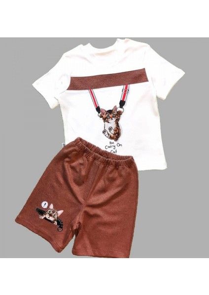 Miraylife 1-2-3 Yaş Fermuarlı Kedi Baskılı Şortlu Kısa Kollu Tişört 2li Erkek Bebek Takımı