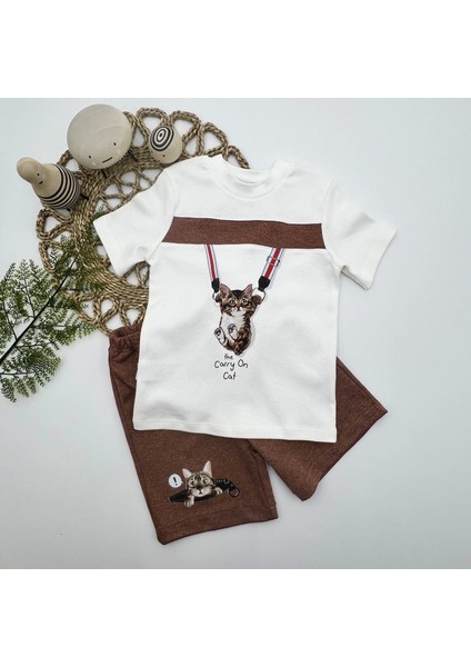 Miraylife 1-2-3 Yaş Fermuarlı Kedi Baskılı Şortlu Kısa Kollu Tişört 2li Erkek Bebek Takımı