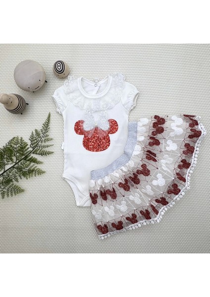 Miraylife 1-2-3 Yaş Payetli Mickey Nakışlı Kısa Kollu Brode Etekli 2li Kız Bebek Takımı