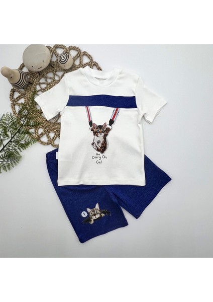 Miraylife 1-2-3 Yaş Fermuarlı Kedi Baskılı Şortlu Kısa Kollu Tişört 2li Erkek Bebek Takımı