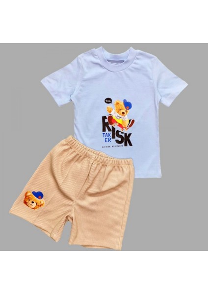 Miraylife 1-2-3 Yaş Kaykaycı Ayı Baskılı Şortlu Kısa Kollu Tişört 2li Erkek Bebek Takımı