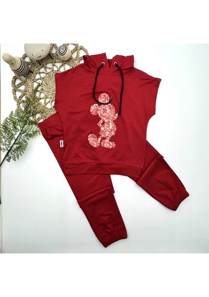 Miraylife 3-4-5 Yaş Kapşonlu Payetli Mickey Desenli Kısa Kol 2li Kız Erkek Çocuk Takımı