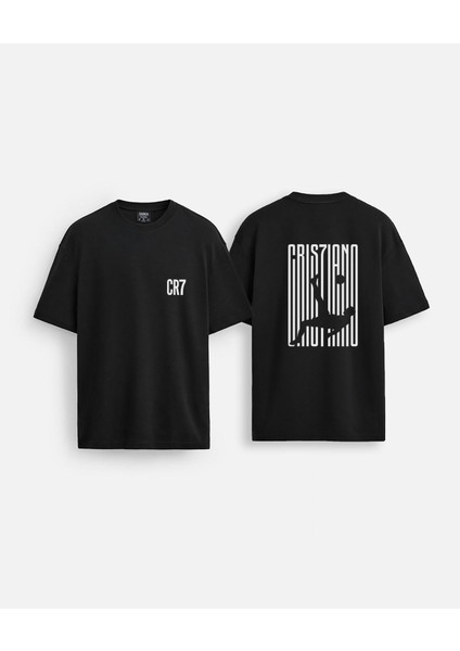 Futbolcu Ronaldo Baskılı Bisiklet Yaka Oversize Kalıp Siyah Çift Taraflı Tişört T-Shirt