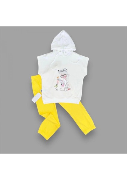 Miraylife 3-4-5 Yaş Kapşonlu Sevimli Kız Baskılı Kısa Kolu 2li Kız Erkek Çocuk Takımı