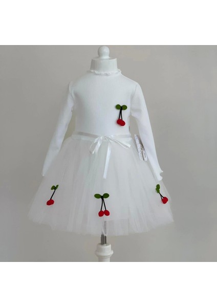 Miraylife 5-6-7 Yaş Kiraz Desenli Kurdela Kuşaklı Astarlı Uzun Kollu Kız Çocuk Tütü Elbise