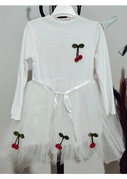 Miraylife 5-6-7 Yaş Kiraz Desenli Kurdela Kuşaklı Astarlı Uzun Kollu Kız Çocuk Tütü Elbise modelleri