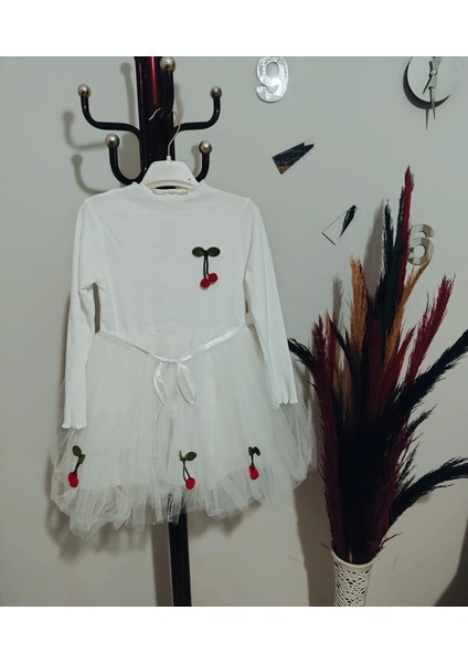 Miraylife 5-6-7 Yaş Kiraz Desenli Kurdela Kuşaklı Astarlı Uzun Kollu Kız Çocuk Tütü Elbise fırsatları