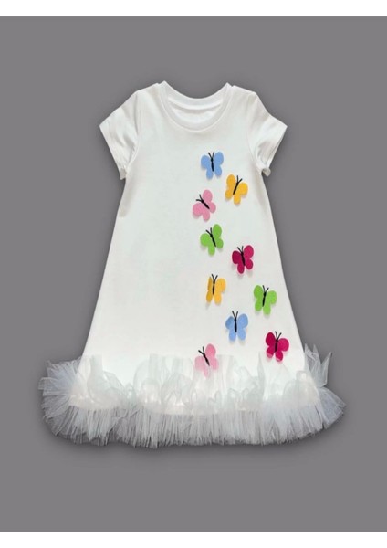 Miraylife 1-2-3 Yaş Renkli Kelebekler Nakışlı Eteği Fırfırlı Jile Çocuk Elbisesi