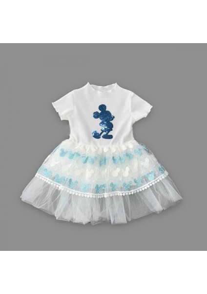Miraylife 1-2-3 Yaş Payetli Mickey Baskılı Brode Etekli Kız Bebek Elbisesi
