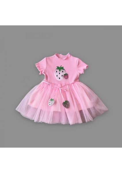Miraylife 1-2-3 Yaş Payetli Çilek Baskılı Çilek Kuşaklı Kız Bebek Elbisesi
