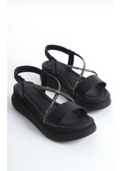 BA04577 Siyah Kadın Çapraz Taş Yumuşak Tabanlı 5 cm Sandalet - 36