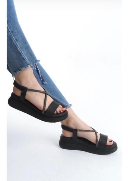 BA04577 Siyah Kadın Çapraz Taş Yumuşak Tabanlı 5 cm Sandalet - 36 fiyatları
