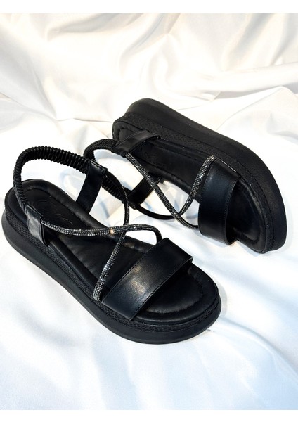 BA04577 Siyah Kadın Çapraz Taş Yumuşak Tabanlı 5 cm Sandalet - 36 modelleri