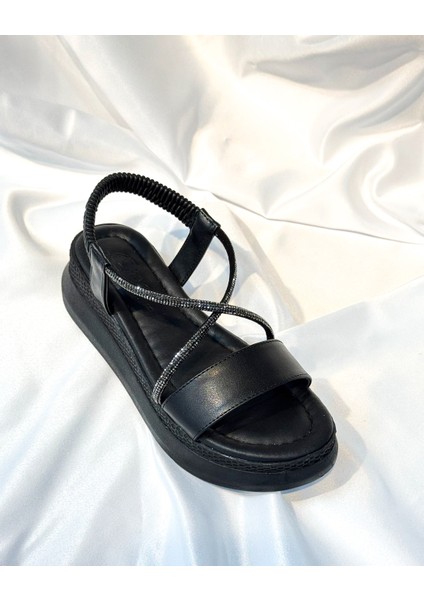 BA04577 Siyah Kadın Çapraz Taş Yumuşak Tabanlı 5 cm Sandalet - 36 fırsatları