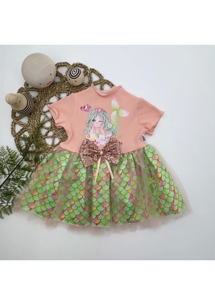 Miraylife 1-2-3 Yaş Denizkızı Baskılı Pul Desen Etekli Kız Bebek Elbisesi