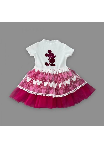 Miraylife 1-2-3 Yaş Payetli Mickey Baskılı Brode Etekli Kız Bebek Elbisesi