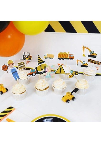 12 Adet Kek Topper Inşaat Sofra Araç Doğum Günü Partisi Süslemeleri Ekskavatör Kamyon Buldozer Balon (Yurt Dışından) fırsatları