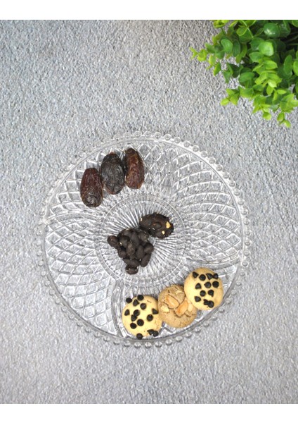 5 Bölmeli Cam Çerezlik Kahvaltılık Boncuklu Sunumluk Tabağı-26 cm