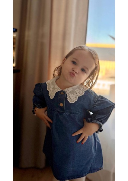 Kız Çocuk Fisto Yakalı Kot/Denim Elbise
