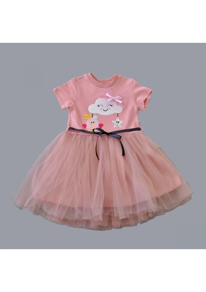 Miraylife 1-2-3 Yaş Tül Tokalı Bulut Civciv ve Yıldız Nakışlı Kız Bebek Elbisesi