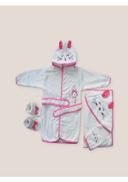Miraylife 0-6 Ay Kedicik Nakışlı Bornozlu 5li Kız Bebek Havlu Silgi Takımı