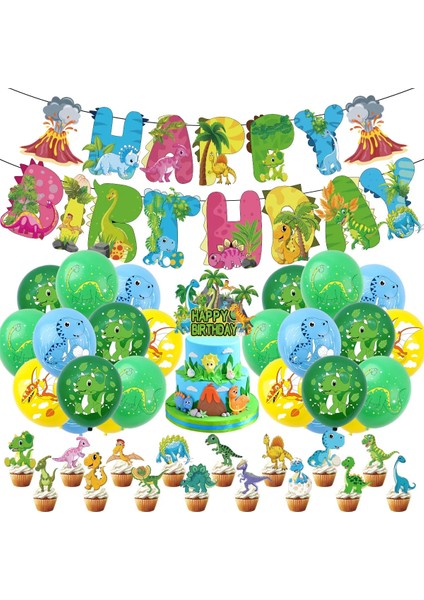 Dinozor Balon Dinozor Parti Dekorasyon Karikatür Dino Volkan Afiş Lateks Balonlar Çocuk Boys Mutlu Orman Safari Dino Tema Doğum Günü Malzemeleri (Yurt Dışından)