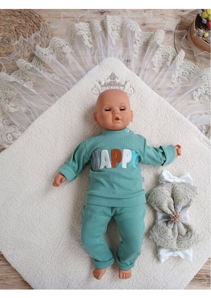Yenidoğan Kuzulu Taç Nakış Güpürlü Fiyonklu Duvaklı Prizma Taş Unisex Kundak Bebek Battaniyesi