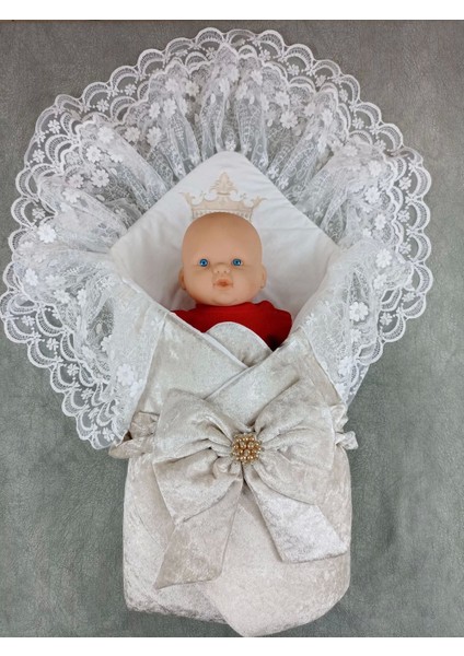 Miraylife Yenidoğan Saray Kadife Taç Nakışlı Inci Fiyonklu Çift Dantel Duvak Trilüks Kundak Bebek Battaniyesi fiyatları