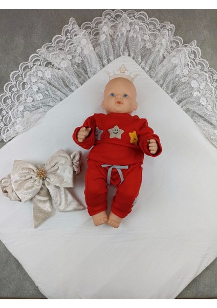 Miraylife Yenidoğan Saray Kadife Taç Nakışlı Inci Fiyonklu Çift Dantel Duvak Trilüks Kundak Bebek Battaniyesi modelleri