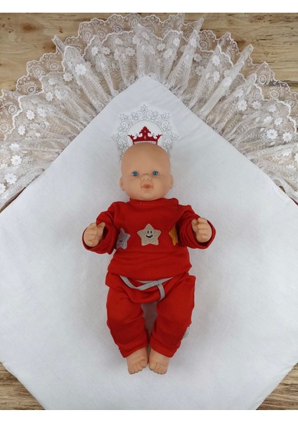 Yenidoğan Saray Kadife Taç Nakışlı Inci Fiyonklu Çift Dantel Duvak Trilüks Kundak Bebek Battaniyesi modelleri