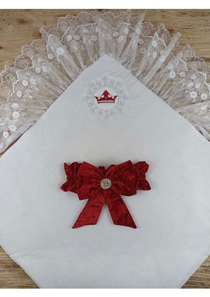 Yenidoğan Saray Kadife Taç Nakışlı Inci Fiyonklu Çift Dantel Duvak Trilüks Kundak Bebek Battaniyesi fırsatları