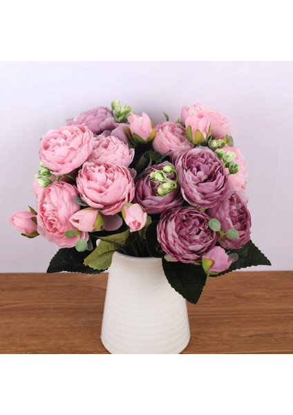 Sarı 30 cm Gül Pembe Ipek Buket Şakayık Yapay Çiçekler 5 Büyük Kafalar 4 Küçük Tomurcuk Gelin Düğün Ev Dekorasyon Sahte Çiçekler Sahte (Yurt Dışından)