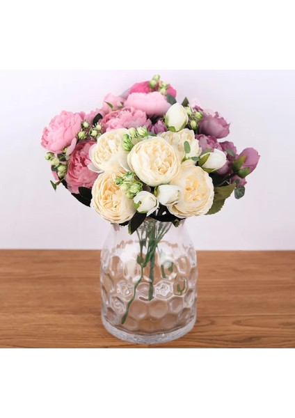 Sarı 30 cm Gül Pembe Ipek Buket Şakayık Yapay Çiçekler 5 Büyük Kafalar 4 Küçük Tomurcuk Gelin Düğün Ev Dekorasyon Sahte Çiçekler Sahte (Yurt Dışından)
