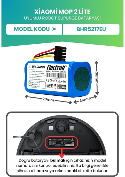 Xiaomi Mop 2 Lite Uyumlu Batarya (ULTRA YÜKSEK KAPASİTE) 3200mah Pil Robot Süpürge Bataryası Bhr5217eu