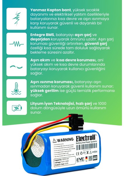 Xiaomi Mop 2 Lite Uyumlu Batarya (ULTRA YÜKSEK KAPASİTE) 3200mah Pil Robot Süpürge Bataryası Bhr5217eu