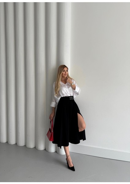 Buketli Kadın Beli Kemerli Derin Yırtmaçlı Pliseli Krep Ara Boy Etek