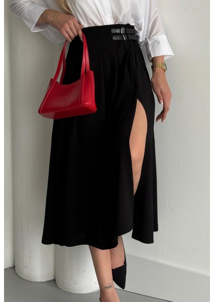 Buketli Kadın Beli Kemerli Derin Yırtmaçlı Pliseli Krep Ara Boy Etek fiyatları